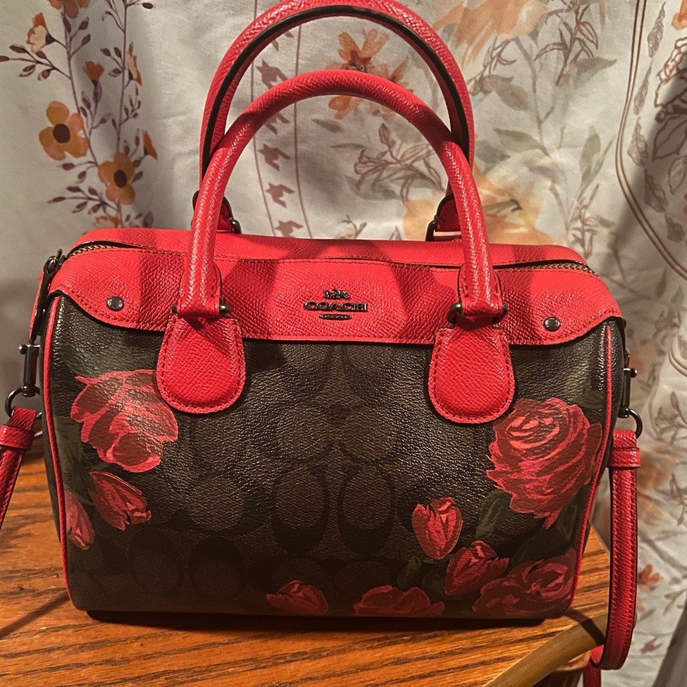 Coach Red and Brown Floral Satchel Bag